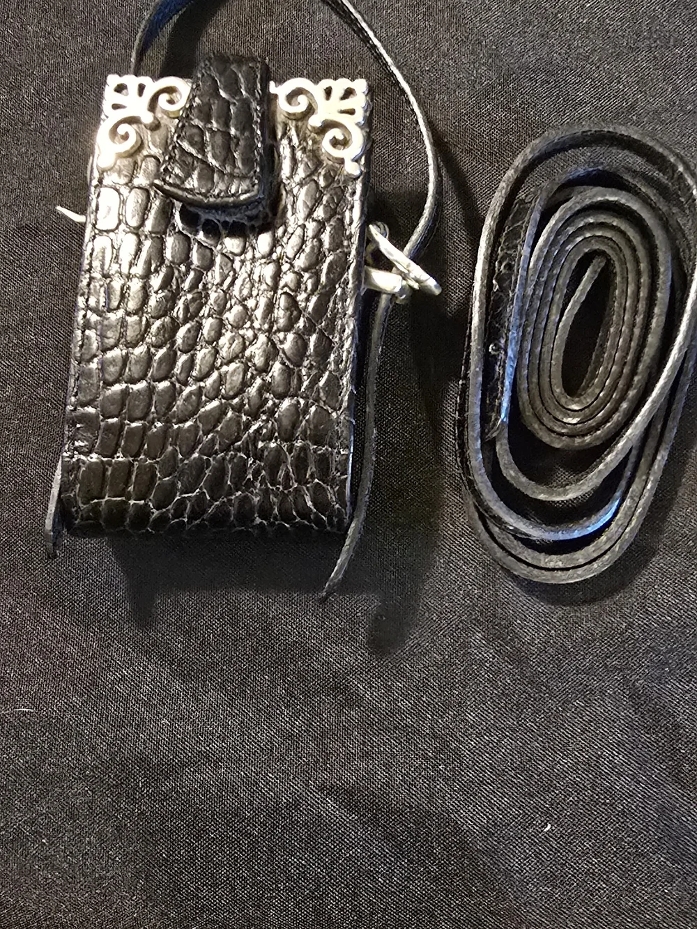 Brighton Black Croc-Embossed Leather Phone Crossbody with Silver Accents